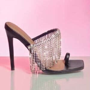 Oh Polly Chandelier Rhinestone Heels Embellished Fringe Mule Black Sparkly US 7